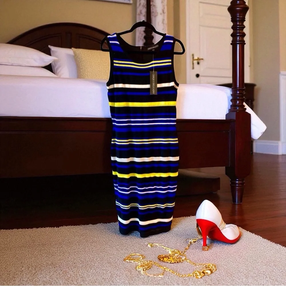 Black Striped Bodycon Dress Large Colorful Designer  NWT - Picture 2 of 7